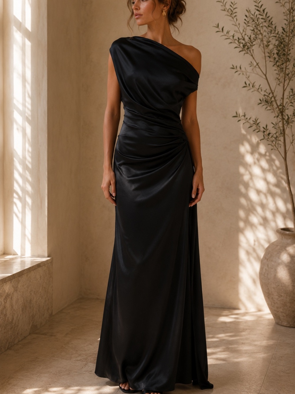 STAUD Asymmetric One-Shoulder Black Satin Maxi Dress